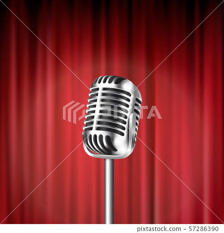 Vector 3d Realistic Steel Silver Retro Concert Vocal Stage Microphone Closeup Isolated on Red 57286390