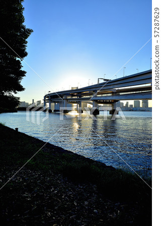 彩虹橋晚上視圖從Odaiba海濱公園的 彩虹橋晚上視圖從Odaiba海濱公園的 57287629