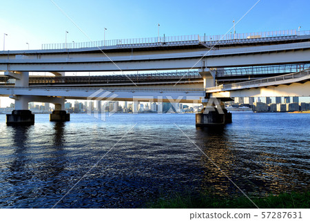 彩虹橋晚上視圖從Odaiba海濱公園的 彩虹橋晚上視圖從Odaiba海濱公園的 57287631