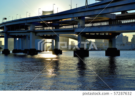 彩虹橋晚上視圖從Odaiba海濱公園的 彩虹橋晚上視圖從Odaiba海濱公園的 57287632
