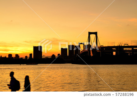 彩虹橋晚上視圖從Odaiba海濱公園的 彩虹橋晚上視圖從Odaiba海濱公園的 57288196