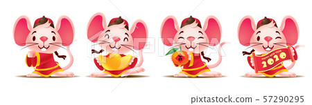 Cartoon cute mouse set with traditional chinese costume. Cute rat with golds / red scroll / mandarin orange. Chinese New Year 2020. The year of rat. Translation: lucky (Orange) - Vector Cartoon cute mouse set with traditional chinese costume. Cute rat with golds / red scroll / mandarin orange. Chinese New Year 2020. The year of rat. Translation: lucky (Orange) - Vector 57290295