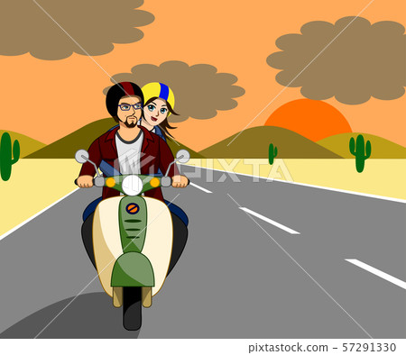 The couple are riding a motorbike together happily on the beautiful love road at sunset. 57291330
