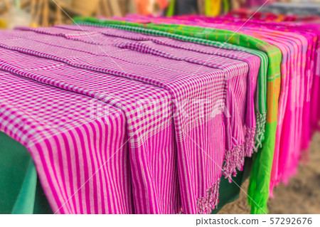 Selective focus the colorful of Thai silk, Thai fabric pattern. Selective focus the colorful of Thai silk, Thai fabric pattern. 57292676