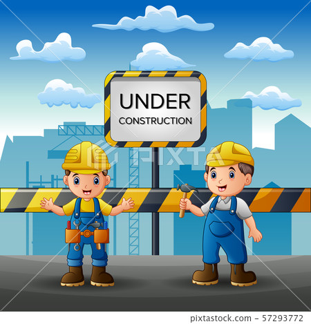 Staff working on the construction with background Staff working on the construction with background 57293772