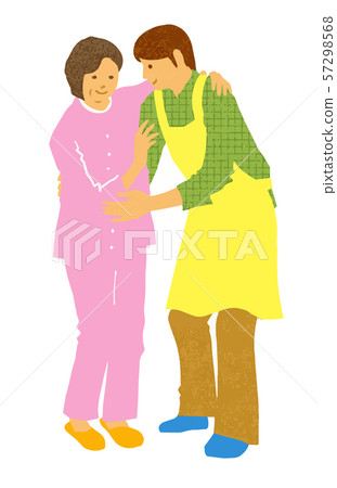 Caregiver Men in aprons who help senior women walk Caregiver Men in aprons who help senior women walk 57298568
