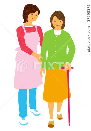 Nursing woman in an apron that helps senior women walk 57298571