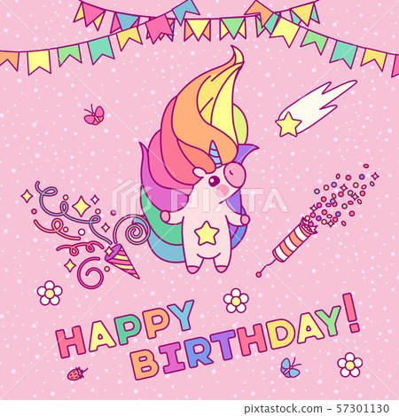 vector Happy Birthday Unicorn card template 57301130