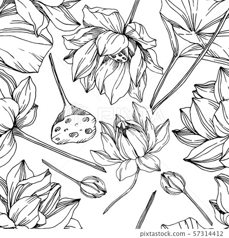 Vector Lotus floral botanical flowers. Black and white engraved ink art. Seamless background pattern Vector Lotus floral botanical flowers. Black and white engraved ink art. Seamless background pattern 57314412