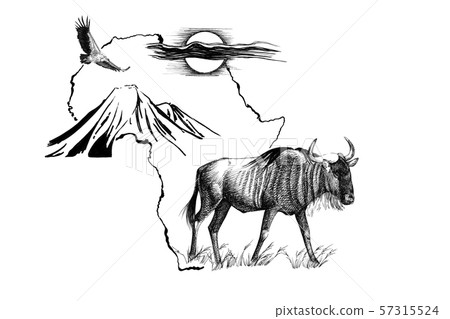 Wildebeest on Africa map background with Wildebeest on Africa map background with 57315524