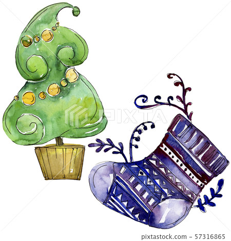 Christmas winter holiday symbol in a watercolor style isolated. Aquarelle christmas card. Christmas winter holiday symbol in a watercolor style isolated. Aquarelle christmas card. 57316865