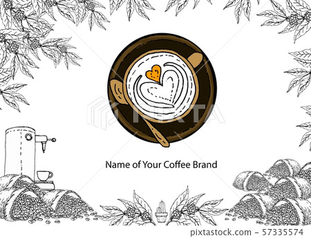 The coffee shop business logo is placed on a design background from the coffee illustration. The coffee shop business logo is placed on a design background from the coffee illustration. 57335574