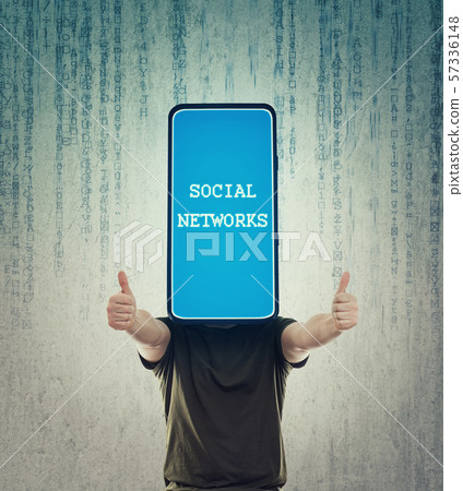 Obsessed phone headed man showing thumbs up. Obsessed phone headed man showing thumbs up. 57336148