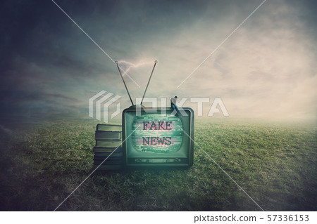 Surreal scene as a minuscule man seated on an old 57336153