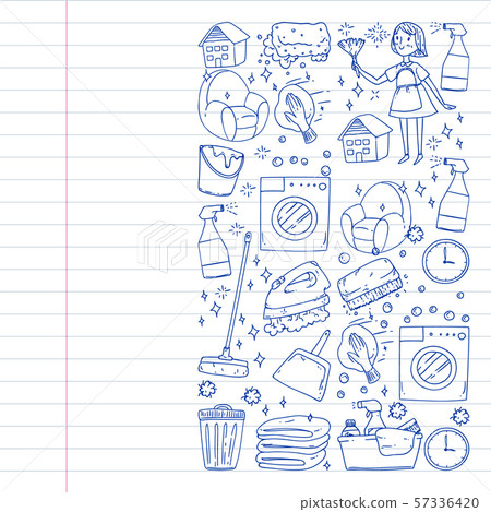 cleaning services company vector monochrome pattern on white background, drawing pen, notebooks 57336420