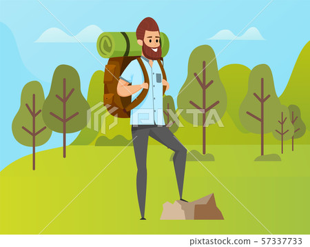 Man Hiking, Green Nature, Travel Hobby Vector Man Hiking, Green Nature, Travel Hobby Vector 57337733
