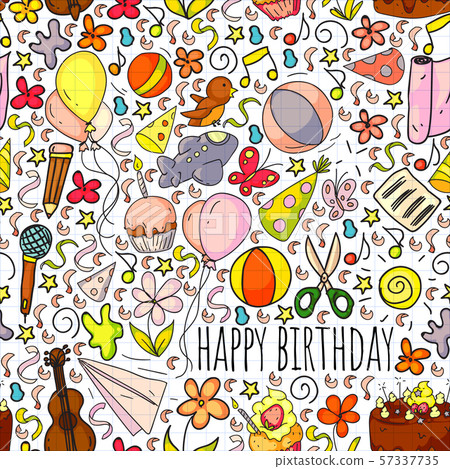 Seamless vector set of cute creative illustration templates with birthday theme design. Hand Drawn 57337735