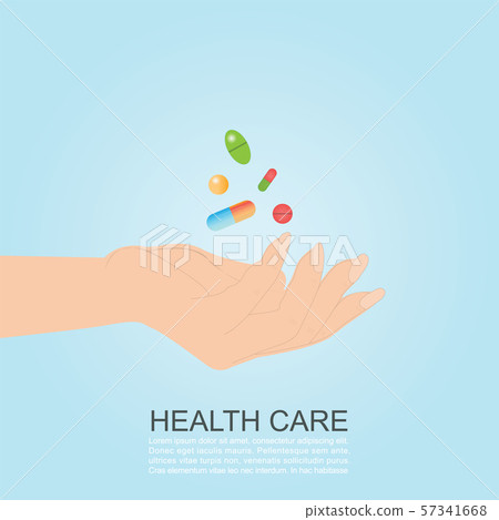 Womans hand holding colorful medicines pills 57341668