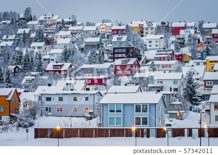Hillside houses in Tromso in winter 57342011
