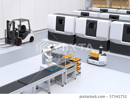 智能工廠配有協同雙臂機器人,AGV自動導引車,加工中心和自動駕駛叉車 智能工廠配有協同雙臂機器人,AGV自動導引車,加工中心和自動駕駛叉車 57342752