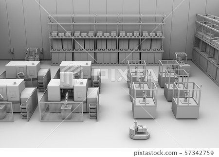 Clay rendering image of smart factory with double-arm robot, AGV automatic guided vehicle, and machining center Clay rendering image of smart factory with double-arm robot, AGV automatic guided vehicle, and machining center 57342759