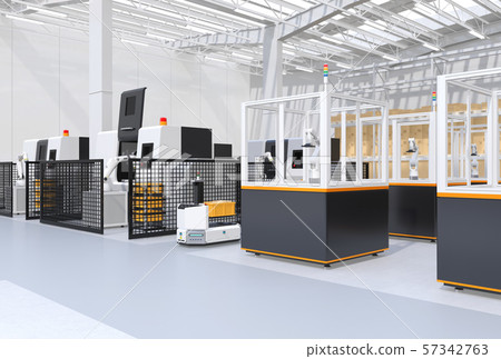 Concept image of a smart factory with AGV automated guided vehicle, machining center, and robot Celt unit 57342763