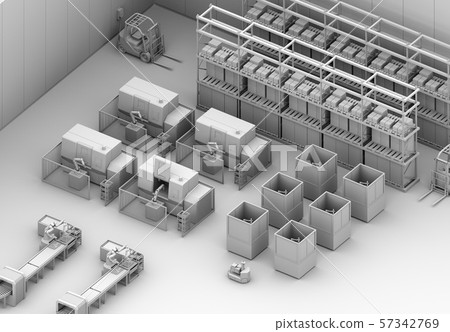 Clay rendering image of smart factory with double-arm robot, AGV automatic guided vehicle, and machining center Clay rendering image of smart factory with double-arm robot, AGV automatic guided vehicle, and machining center 57342769