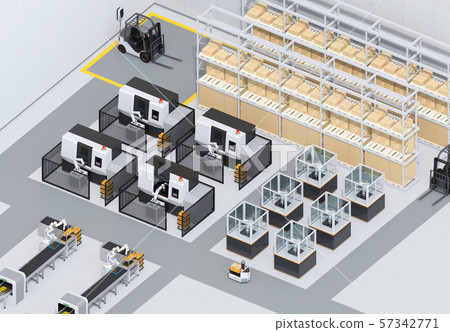 Isometric image of smart factory with double-arm robot, AGV automatic guided vehicle, and machining center 57342771