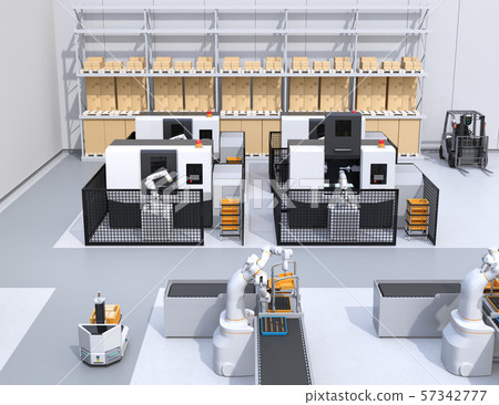 Smart factory with collaborative dual-arm robot, AGV automatic guided vehicle, machining center, and automatic driving forklift Smart factory with collaborative dual-arm robot, AGV automatic guided vehicle, machining center, and automatic driving forklift 57342777
