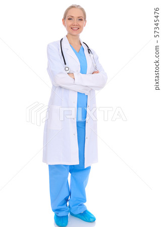 Doctor woman or nurse isolated over white background. Cheerful smiling medical staff representative 57345476