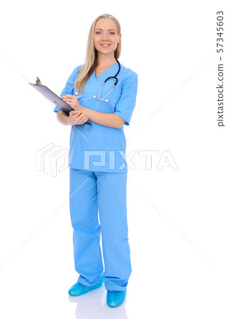 Doctor woman or nurse isolated over white background. Cheerful smiling medical staff representative 57345603