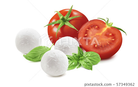 Tomatoes, basil, mozzarella cheese balls isolated 57349362