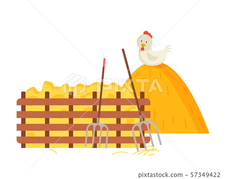 Hayfork and Hay Bale, Chicken and Wooden Fence Hayfork and Hay Bale, Chicken and Wooden Fence 57349422
