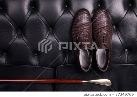 Men brown woven leather shoes and wooden shoe 57349709