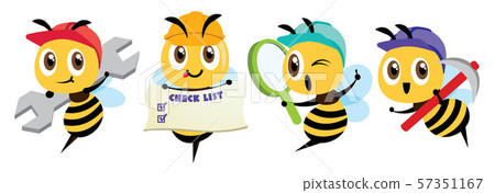Cartoon cute bee mascot set. Cartoon cute bee holding a spanner, holding a signage, holding a magnifying glass, holding a hoe. Hardworking bee wearing safety cap. Flat Vector illustration isolated 57351167