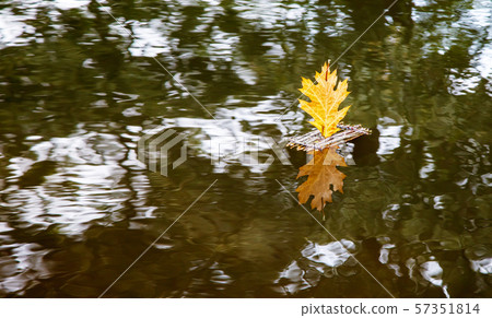 toy raft with a sail floating on the lake toy raft with a sail floating on the lake 57351814
