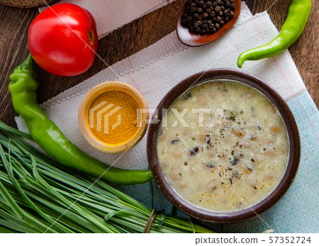 Borsch and mushroom soup served on table 57352724