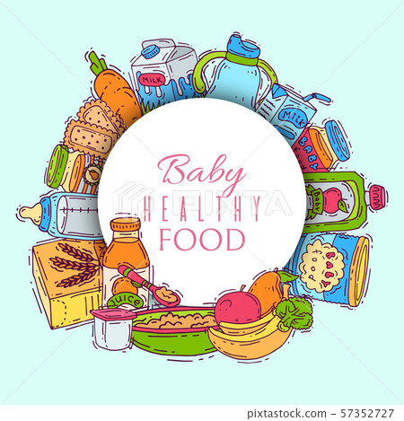 Complementary food for babies vector illustration. Baby bottles, puree jars, fruits and vegetables Complementary food for babies vector illustration. Baby bottles, puree jars, fruits and vegetables 57352727