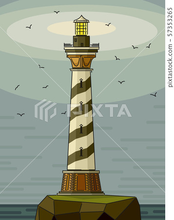 Illustrations of misty lighthouse on rock island. 57353265
