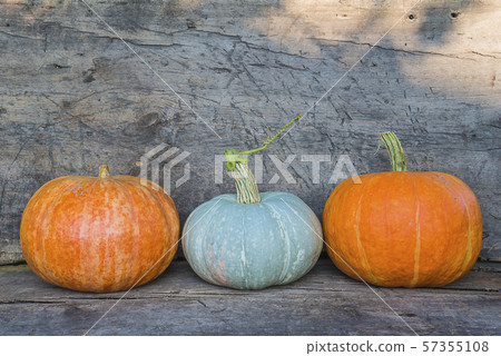 Beautiful three pumkins on the old wooden background with copy space 57355108