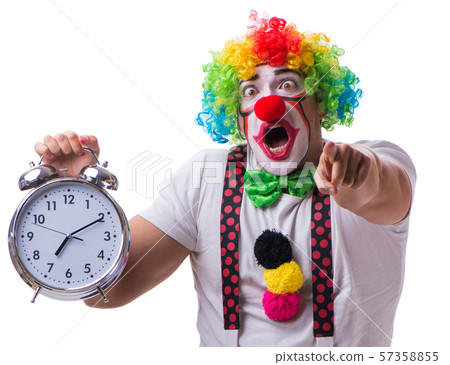 Funny clown with an alarm clock isolated on white background 57358855