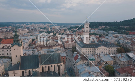 Aerial City Lviv, Ukraine. European City. Popular areas of the city. Town Hall Aerial City Lviv, Ukraine. European City. Popular areas of the city. Town Hall 57359280