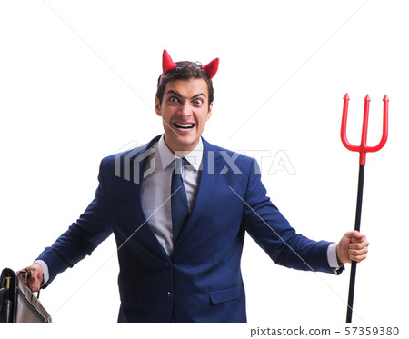 Evil devil businessman with pitchfork isolated on white backgrou 57359380