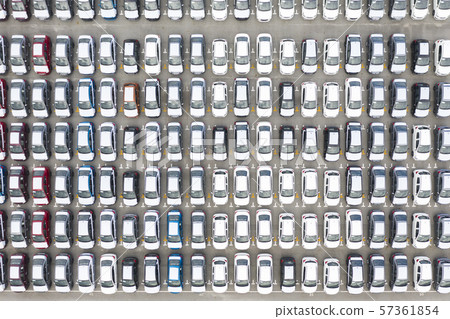 Top view of row new cars in logistic port export terminal 57361854