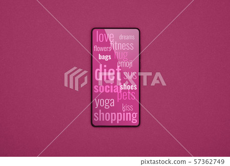 One smartphone with messages on pink screen 57362749