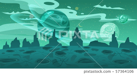 Fantasy space cartoon game concept background. Funny sci-fi alien planet landscape for a space 57364106