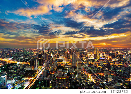 Bangkok city with Chao Phraya River at sunset, 57428783