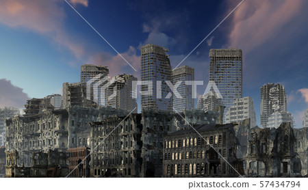 Ruins of a city apocalyptic landscape 3d illustration concept Ruins of a city apocalyptic landscape 3d illustration concept 57434794