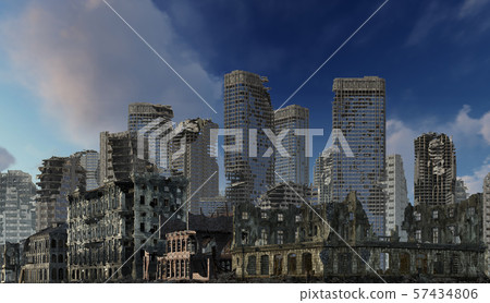 Ruins of a city apocalyptic landscape 3d illustration concept Ruins of a city apocalyptic landscape 3d illustration concept 57434806