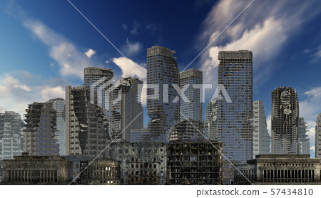 Ruins of a city apocalyptic landscape 3d illustration concept Ruins of a city apocalyptic landscape 3d illustration concept 57434810